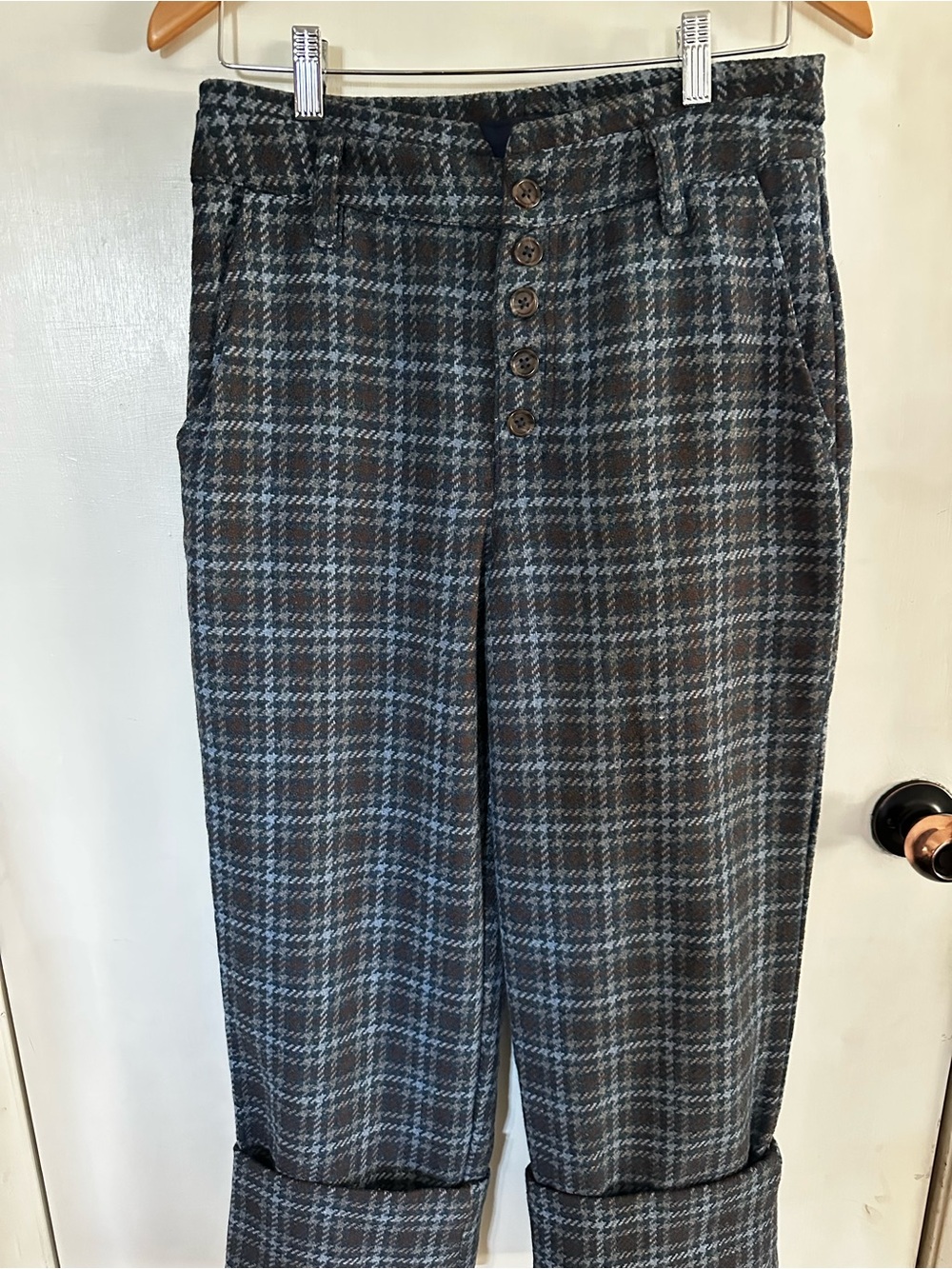 Free People Plaid Cropped Button-Front Trousers in Gray and Brown
